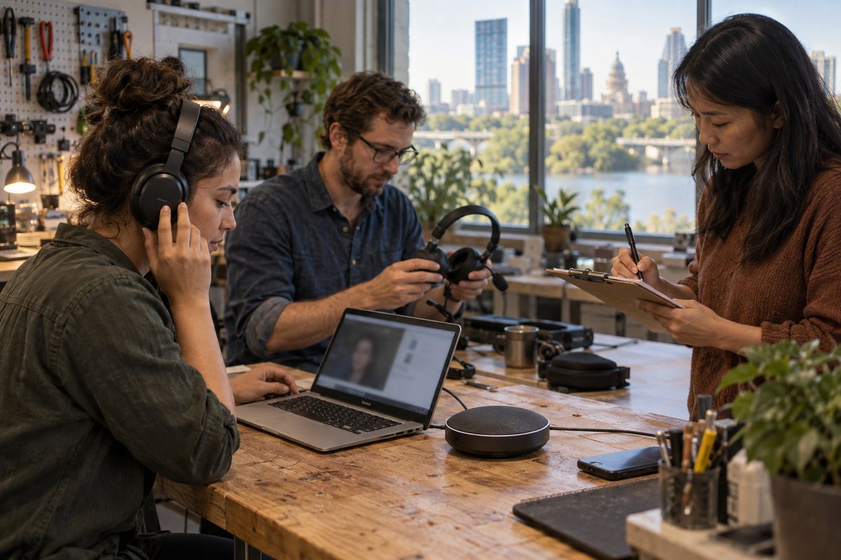 The Gotto team testing headsets and a speakerphone at the workshop bench