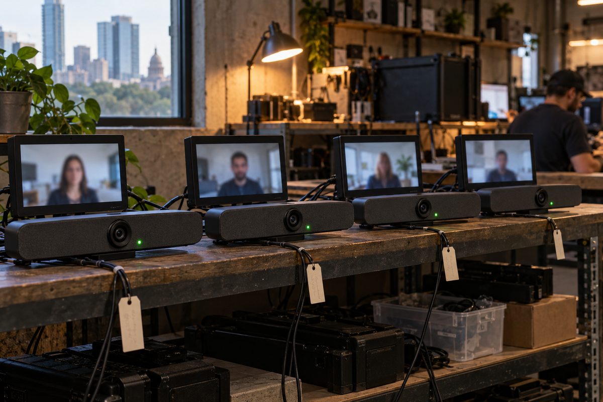 Four video bars running a burn-in test on the bench, status lights on