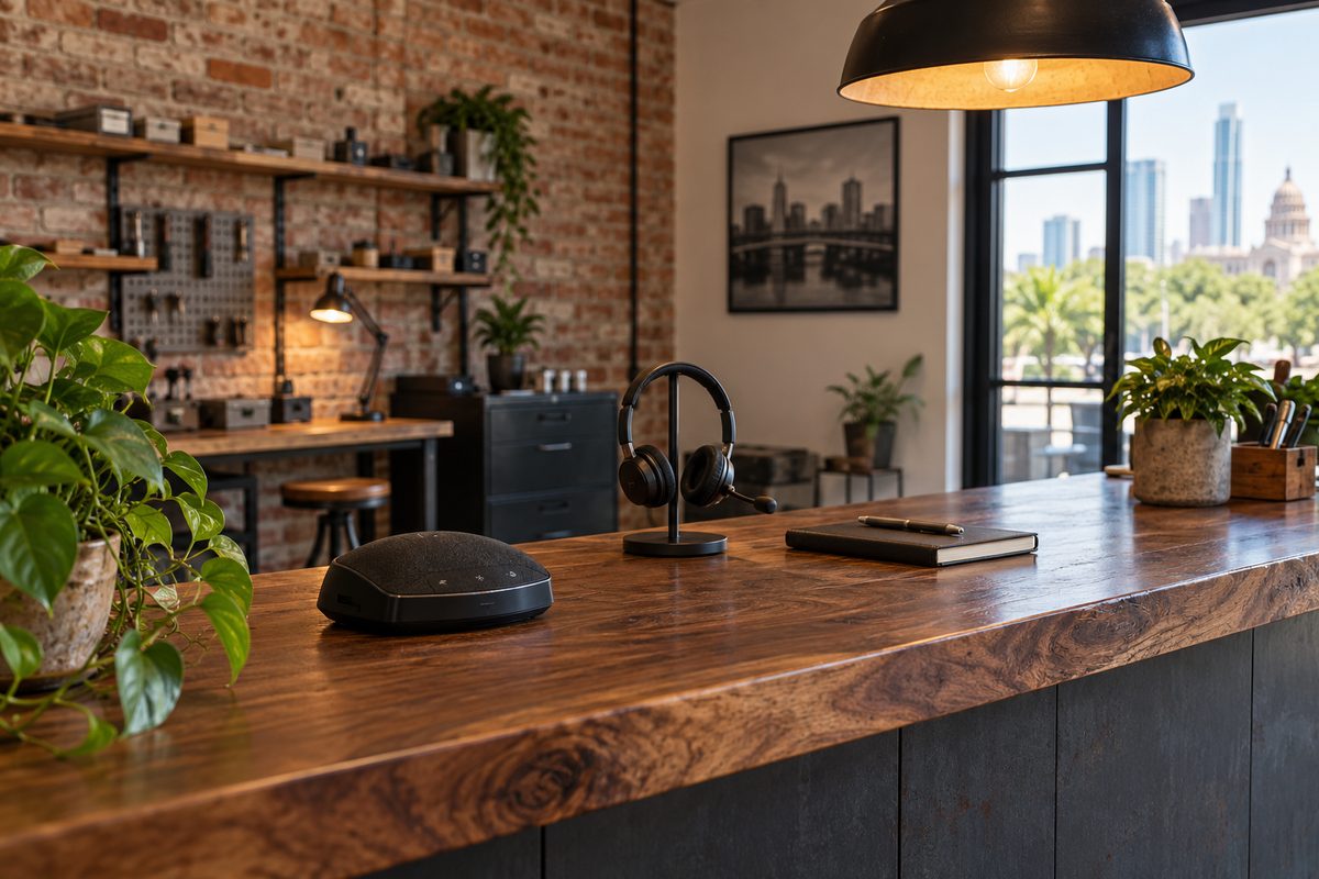 Walnut front counter with a demo headset and speakerphone at the Gotto workshop