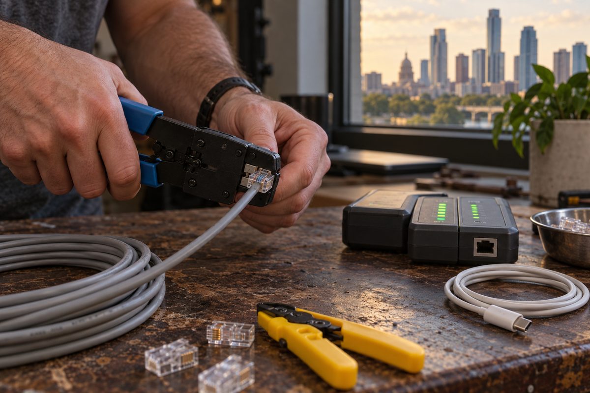 Hands crimping a network cable connector on a dark workbench