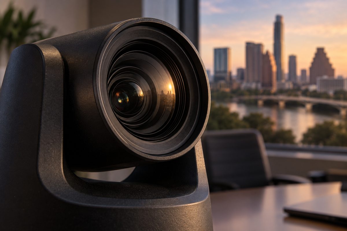 Close-up of a conference camera lens and its matte black housing