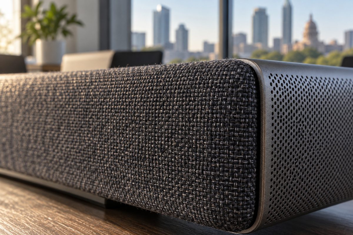 Woven speaker fabric and perforated aluminium edge on a video bar