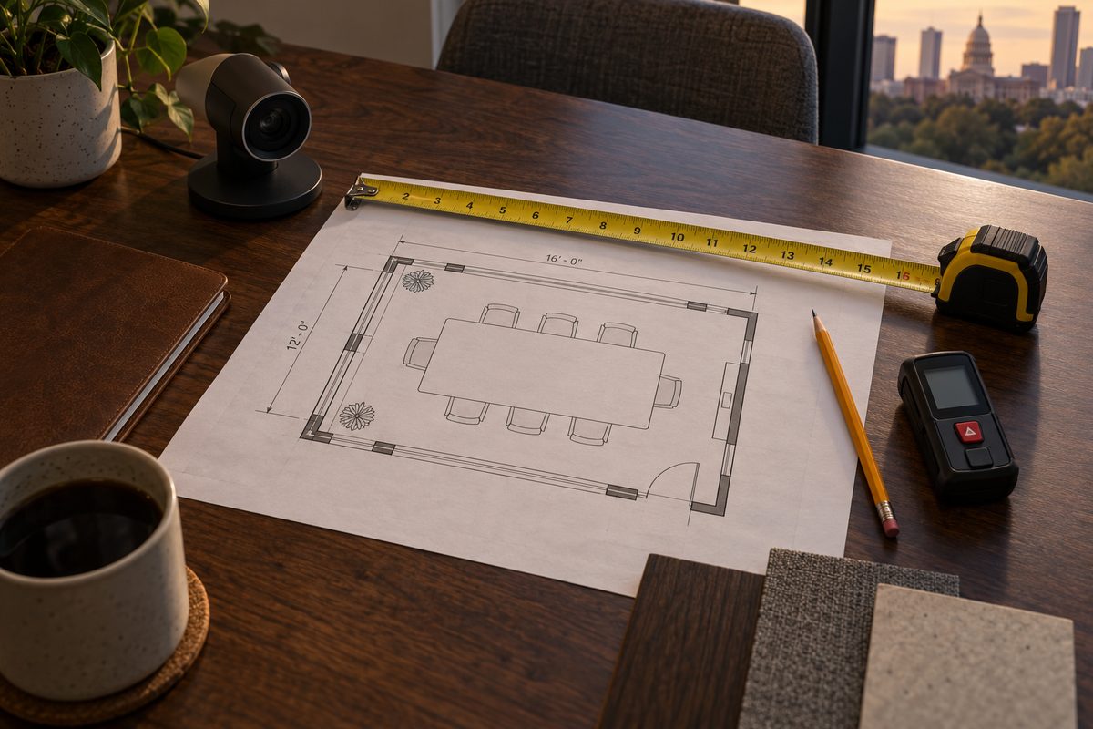 Meeting room floor plan with a tape measure, laser meter and conference camera