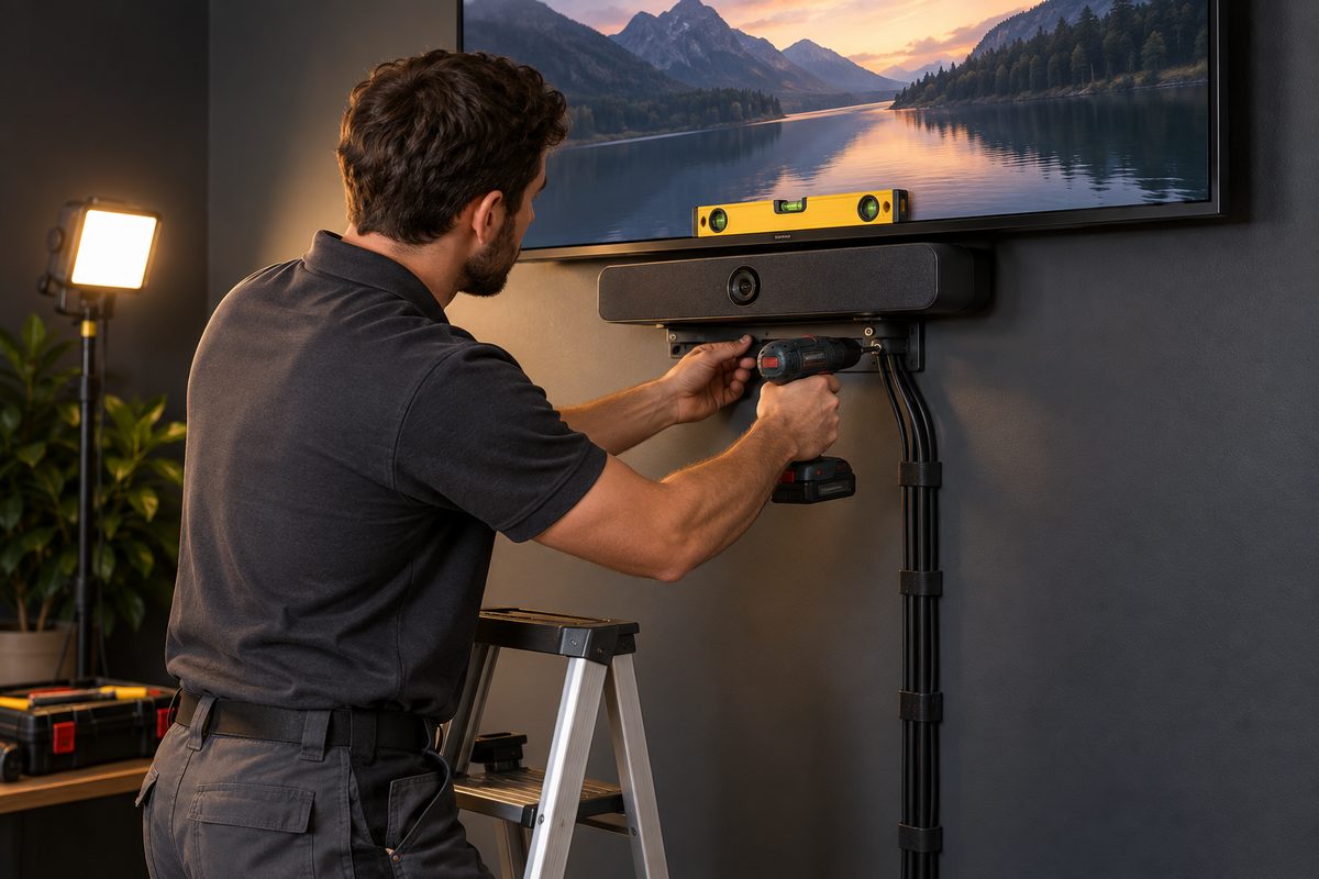 Technician fixing a video bar bracket beneath a meeting room display
