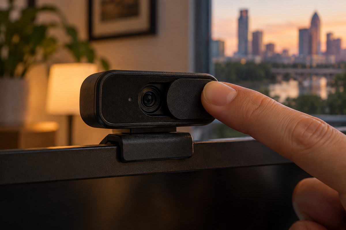 Fingertip sliding a camera privacy shutter closed