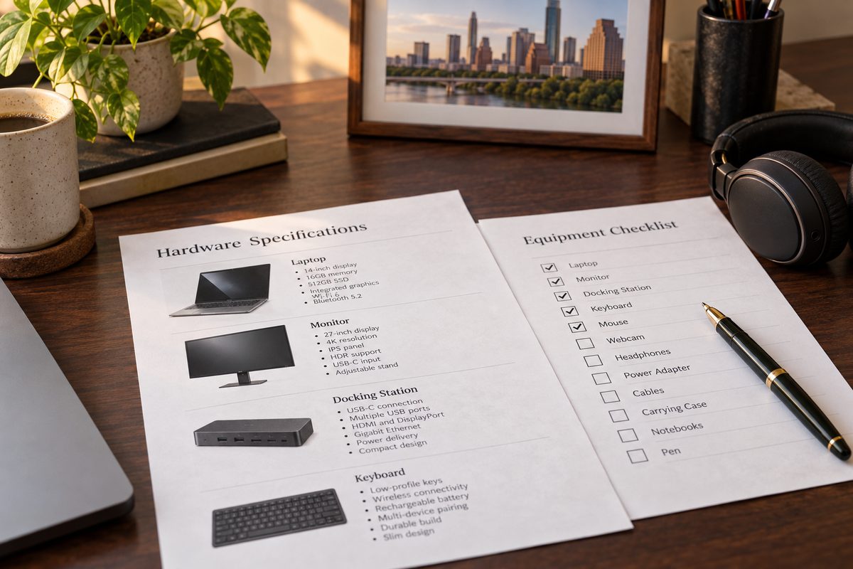 Printed hardware specification sheets on a walnut desk