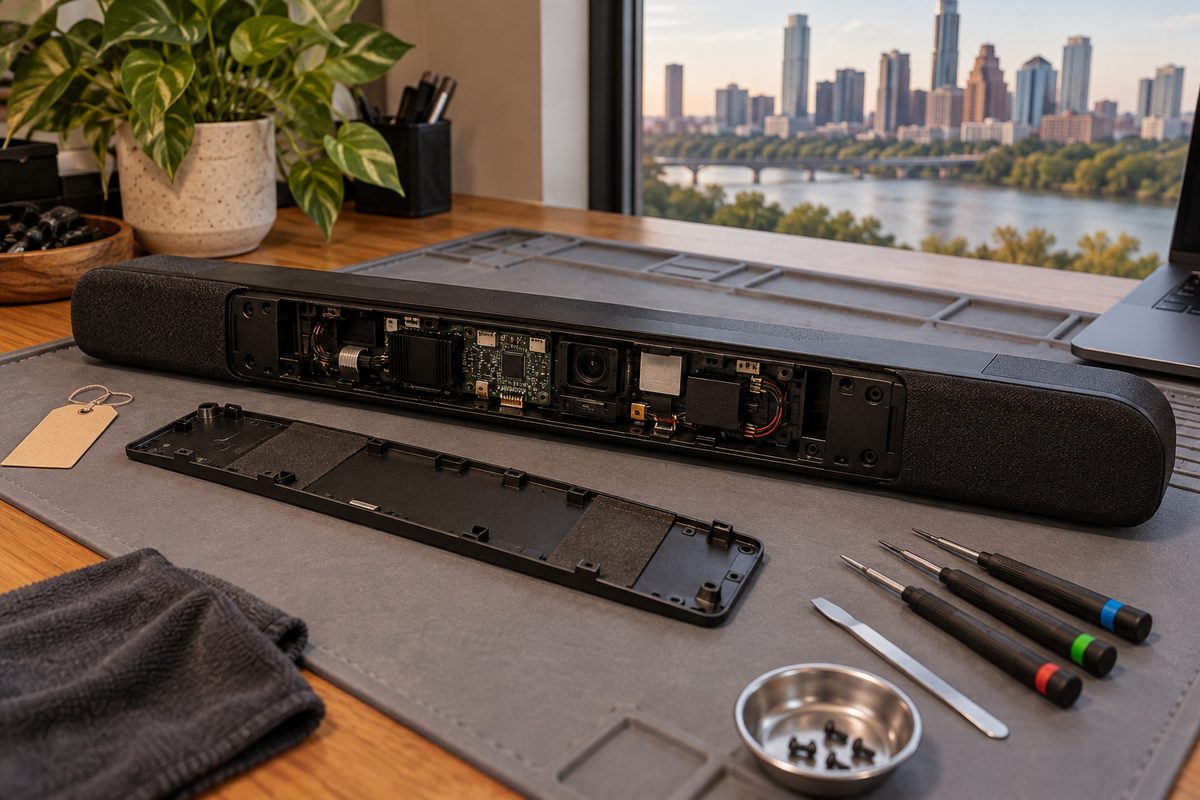 Video bar opened on an anti-static mat for warranty inspection
