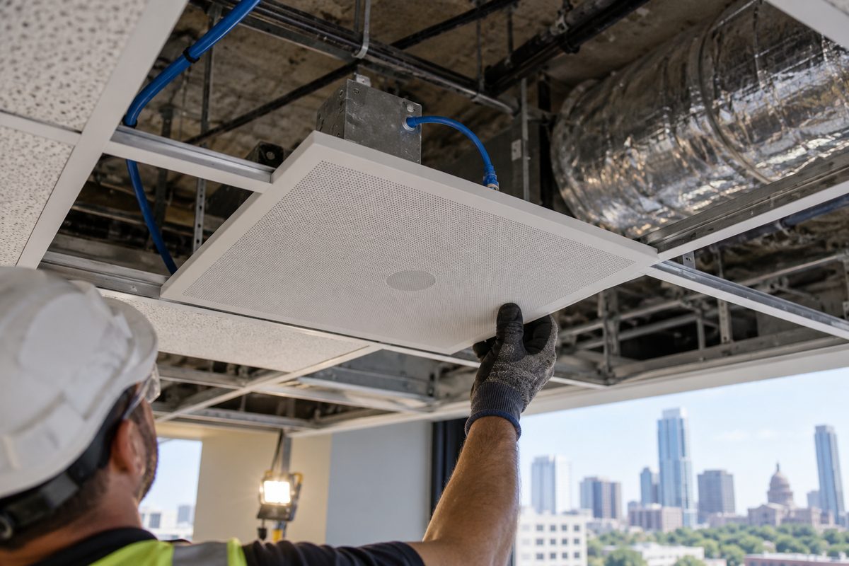 Ceiling microphone tile being fitted into a drop ceiling grid with network cable
