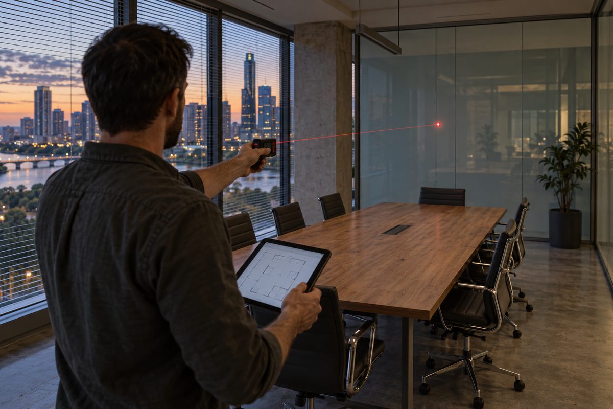 Surveying an empty conference room with a laser distance meter