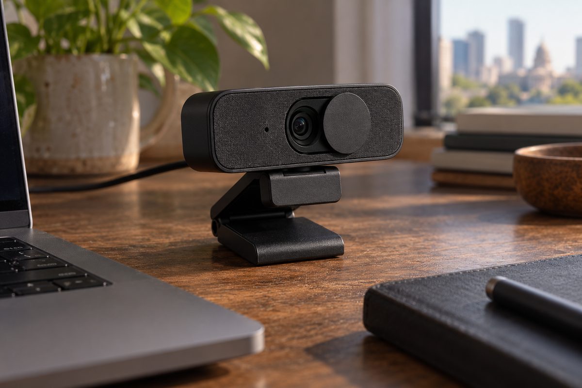 CAM-4W wide 4K USB camera with clip mount on a charcoal studio sweep