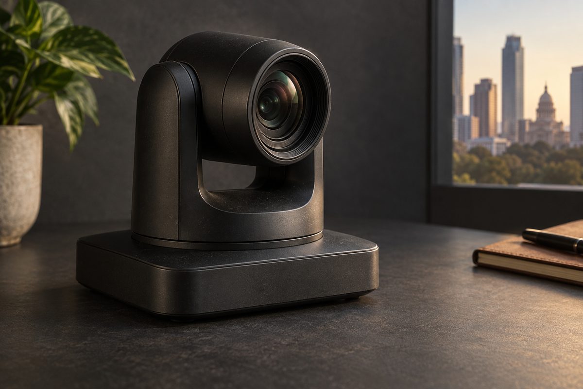 CAM-P pan-tilt-zoom conference camera on a charcoal studio sweep