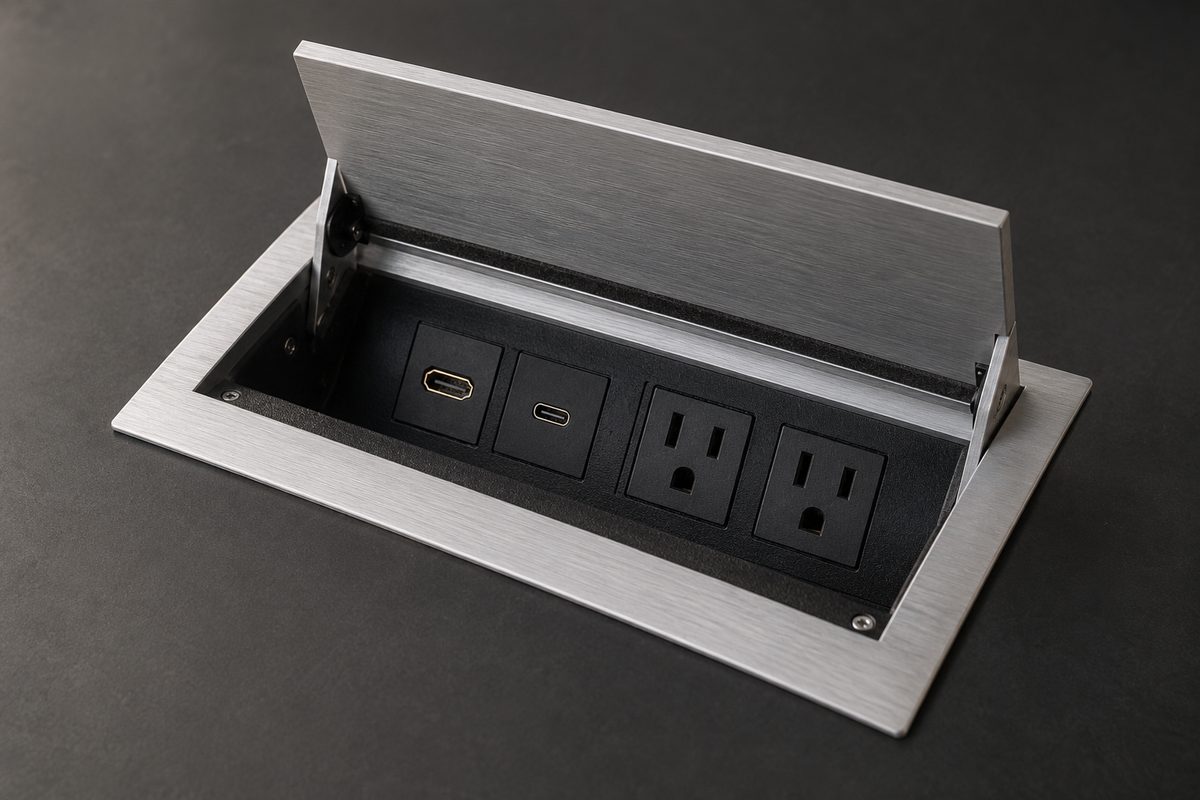 CN-T brushed aluminium table box with HDMI, USB-C and power sockets