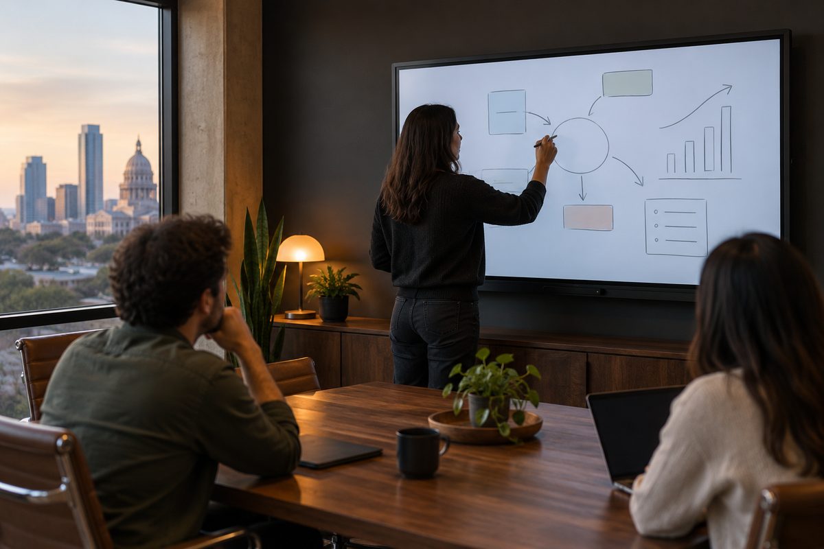 DSP-86 interactive display on a meeting room wall with a stylus sketch in progress