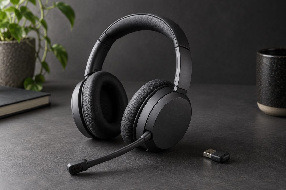 HS-D dual-ear wireless headset with boom microphone and dongle on a charcoal sweep