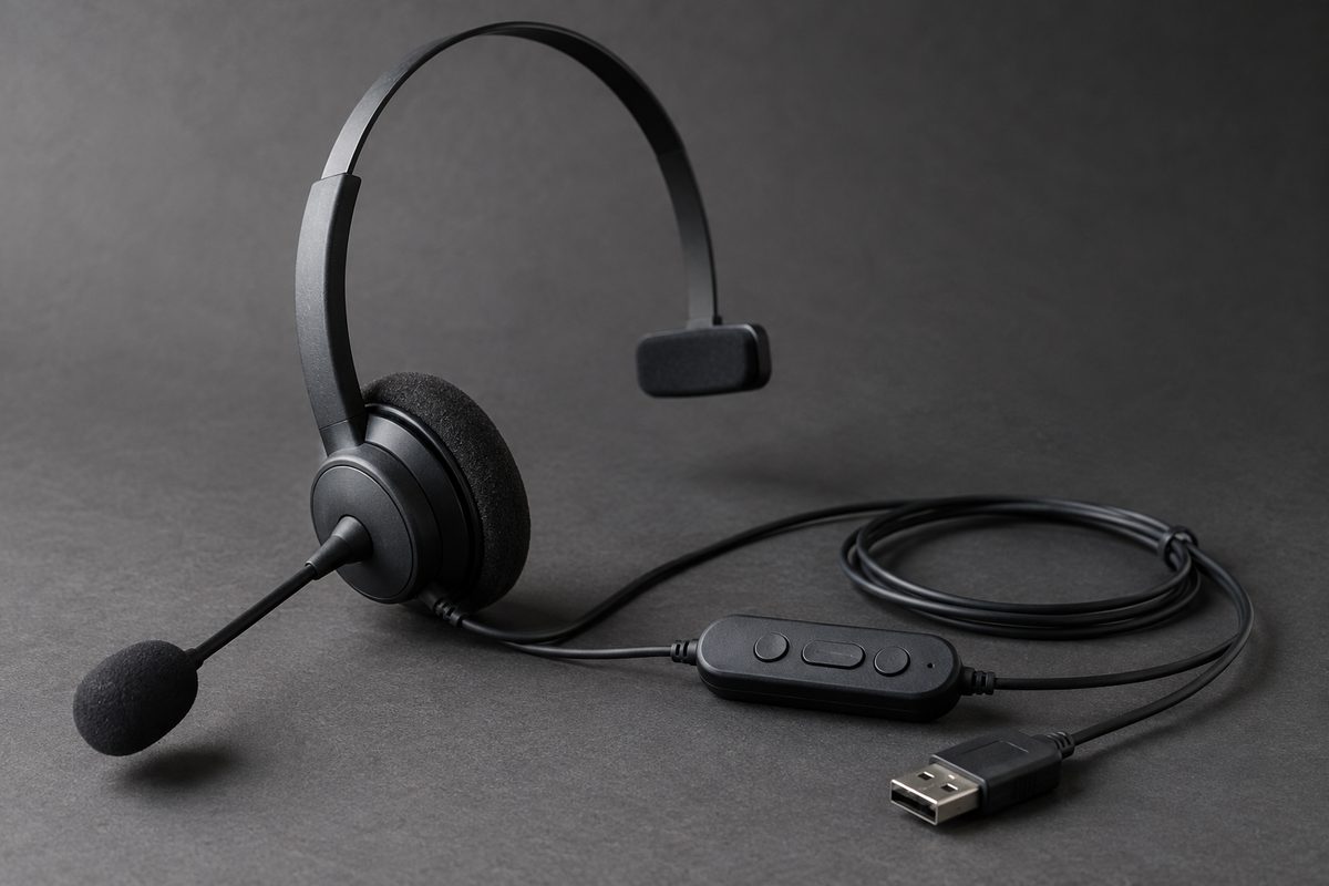 HS-M single-ear wired USB headset on a charcoal studio sweep