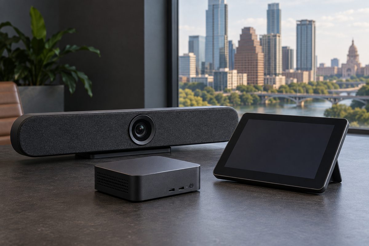 KIT-H huddle kit with compact bar, mini PC and touch controller on a charcoal sweep