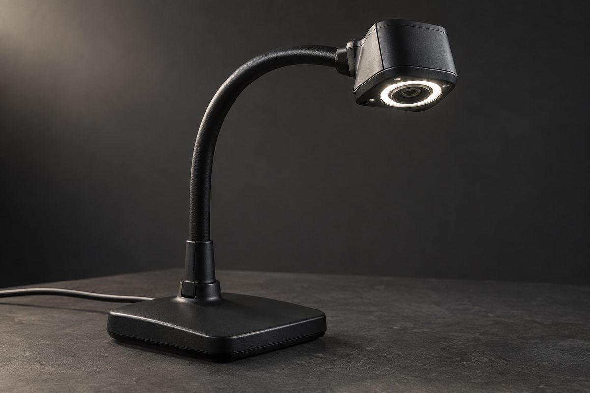 RS-D gooseneck document camera on a charcoal studio sweep