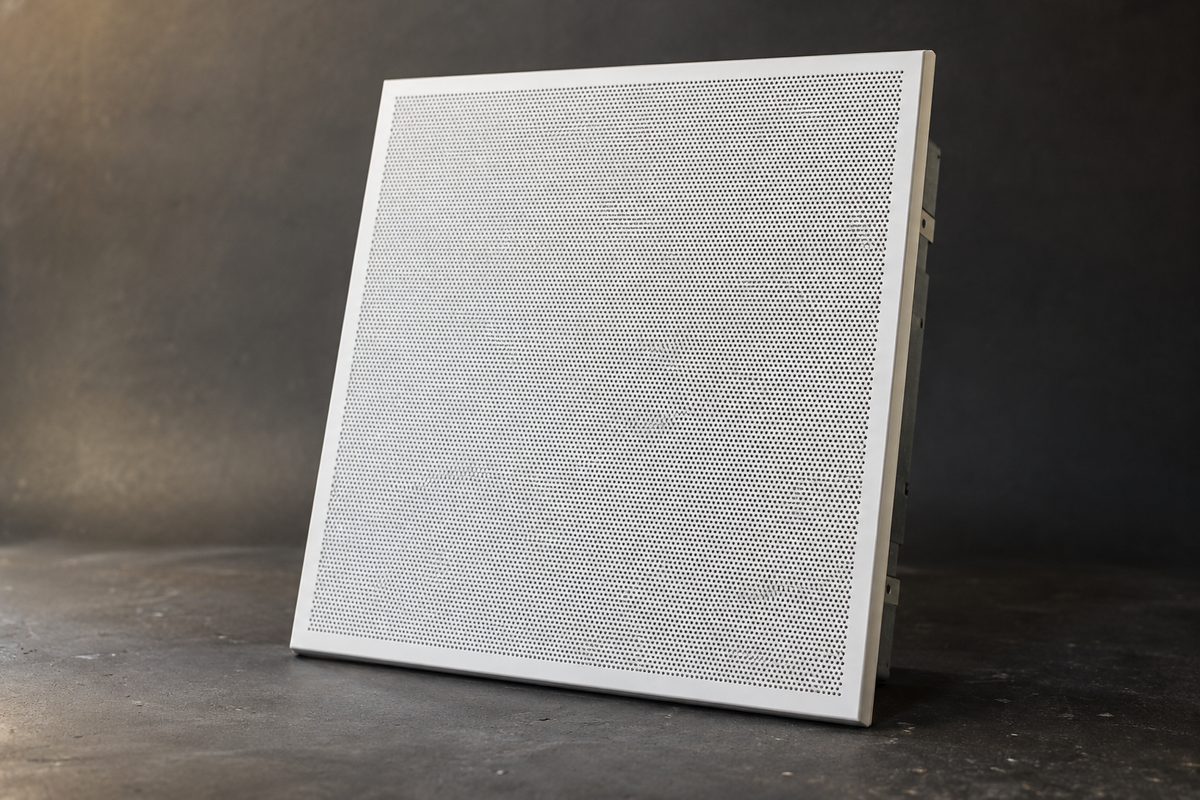 SP-C square ceiling microphone array tile on a charcoal studio sweep