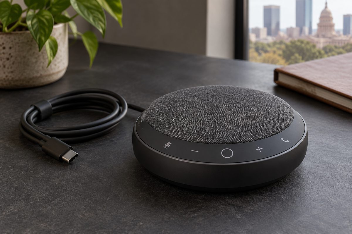 SP-P round puck speakerphone with USB-C cable on a charcoal studio sweep
