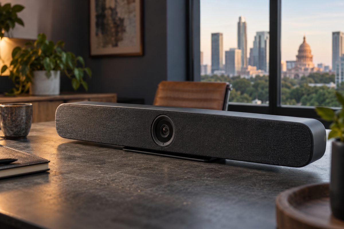 VB-C compact video bar on a charcoal studio sweep