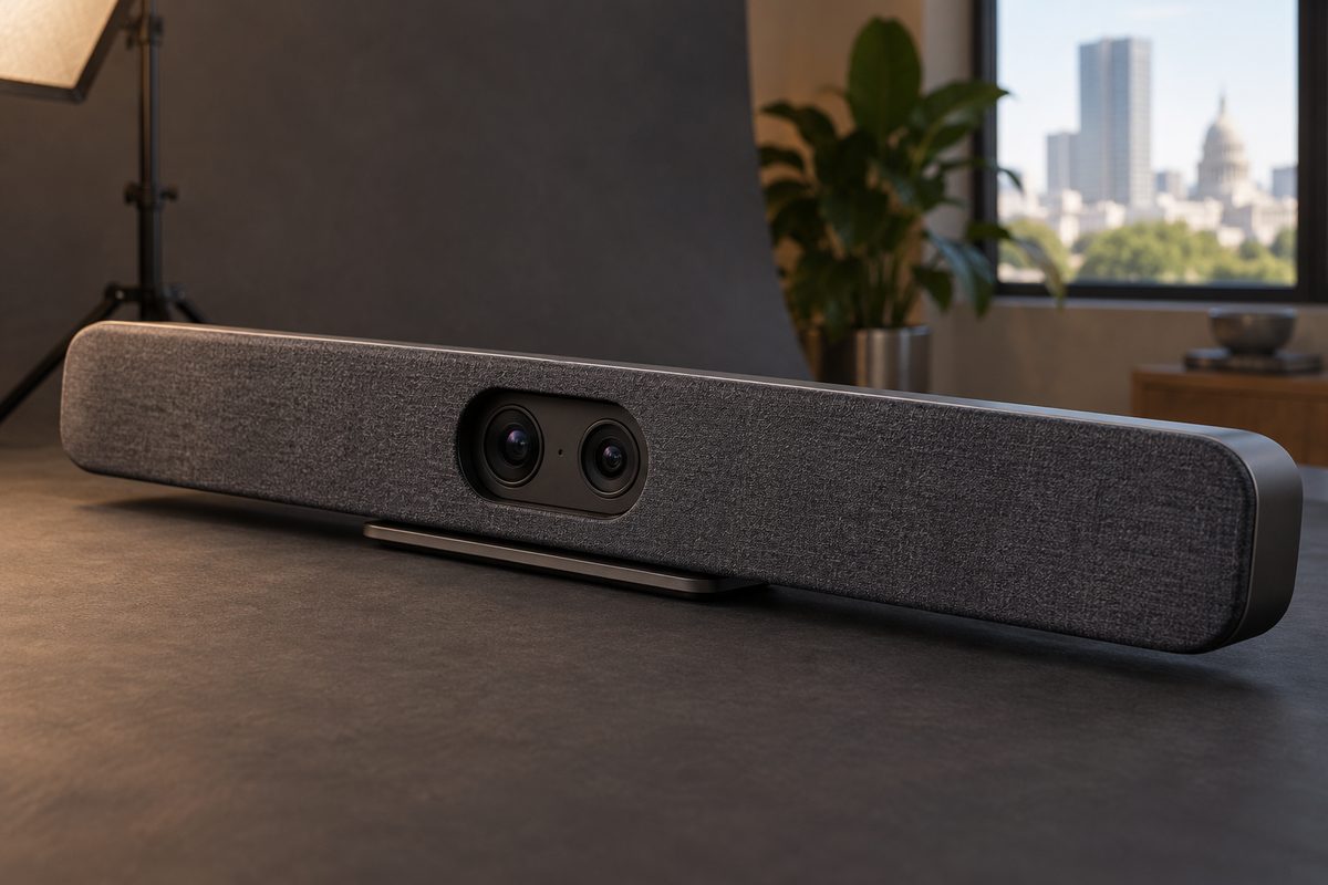 VB-W wide video bar with dual cameras on a charcoal studio sweep