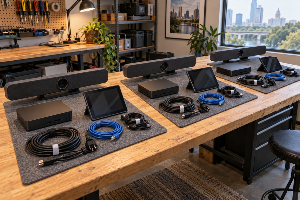 Three meeting-room kits laid out and labelled on a staging bench
