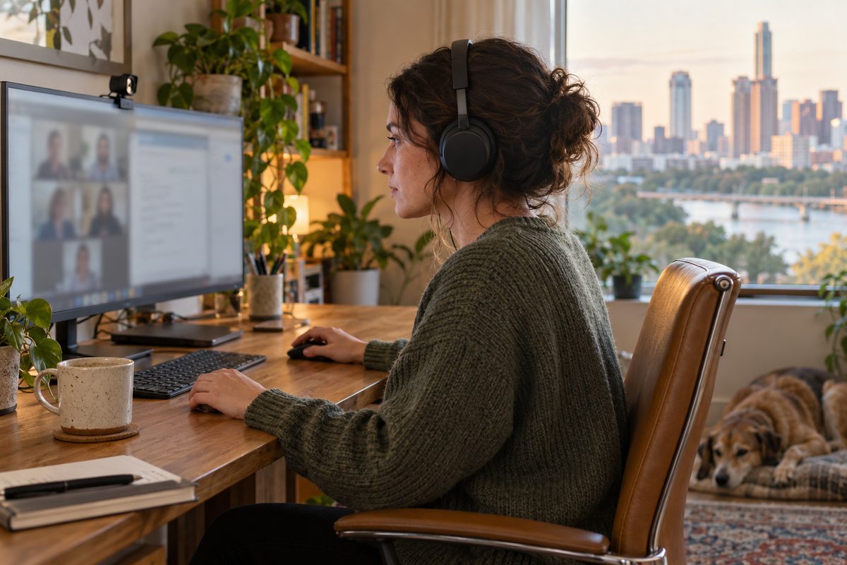 Remote worker at an oak home desk wearing a wireless headset beside a monitor camera