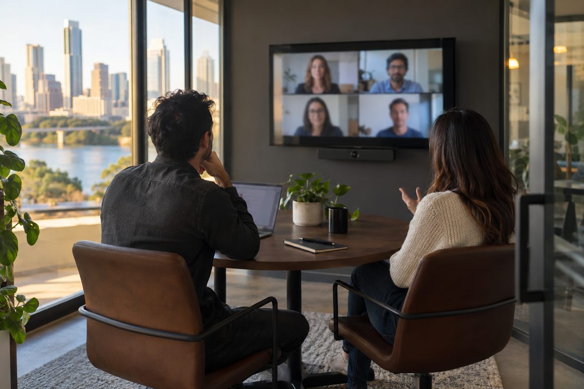 Two colleagues on a video call in a small huddle room with a compact video bar